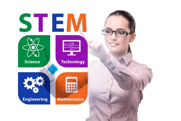 Businesswoman pressing virtual buttons in STEP education concept — Stock Photo, Image
