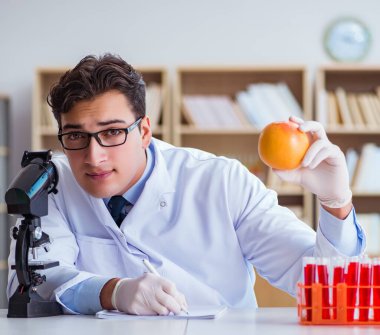 Bilim adamı organik meyve ve sebzeler üzerinde çalışıyor.