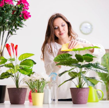 Evde bitkilerle ilgilenen genç bir kadın.