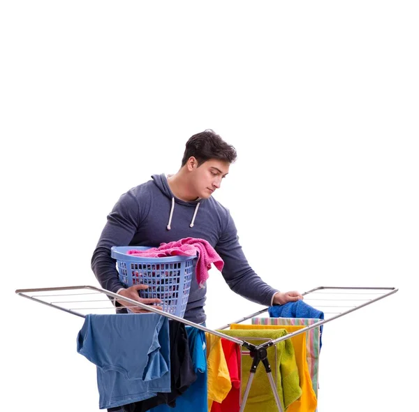 Husband man doing laundry isolated on white — Stock Photo, Image