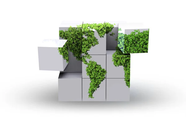 Карта мира на кубе в зеленой среде - 3D-рендеринг — стоковое фото
