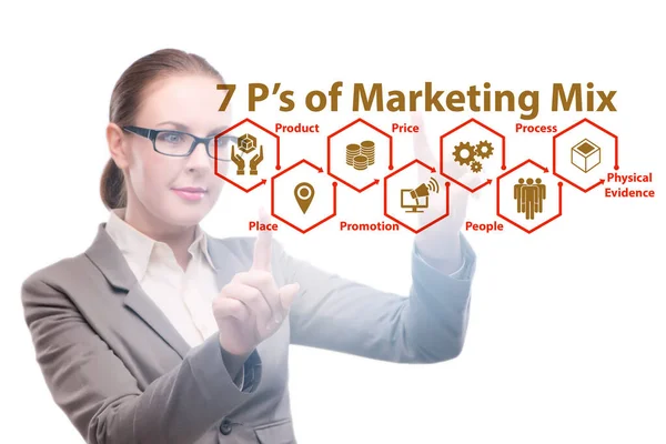 Empresária no conceito de 7ps de mix de marketing — Fotografia de Stock
