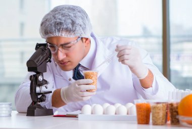 Besin uzmanı gıda ürünlerini laboratuarda test ediyor.