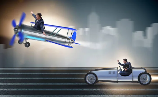 Businessman racing on car and airplane