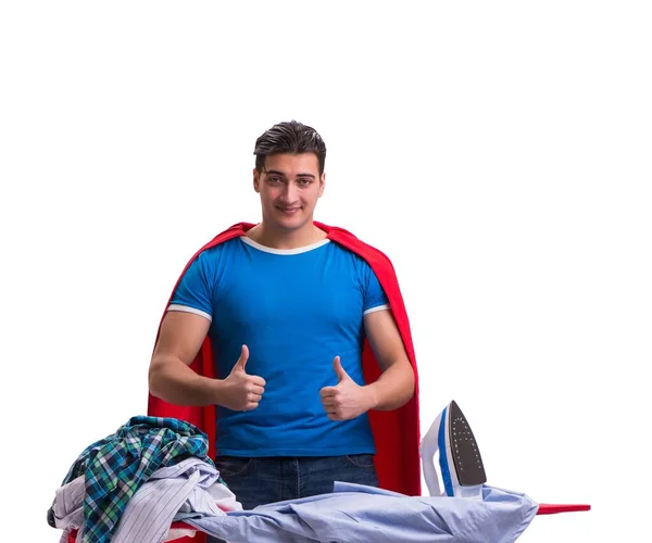 Super bohater człowiek mąż prasowanie izolowane na biały — Zdjęcie stockowe