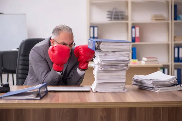 Alter Geschäftsmann mit Boxhandschuhen am Arbeitsplatz — Stockfoto