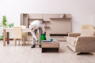 Genç erkek müteahhit evde haşere kontrolü yapıyor.