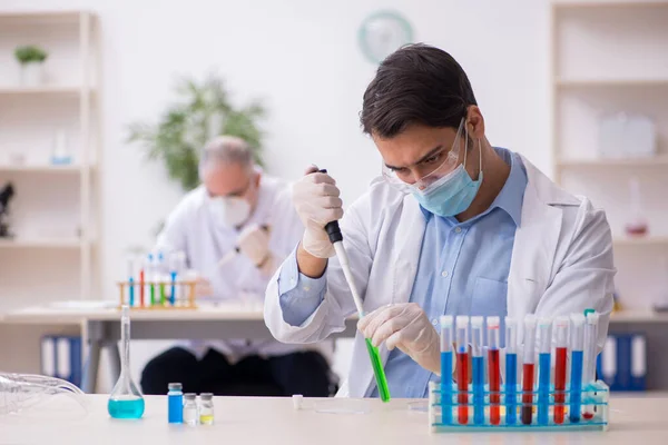 Due chimici maschi che lavorano al laboratorio durante la pandemia — Foto Stock