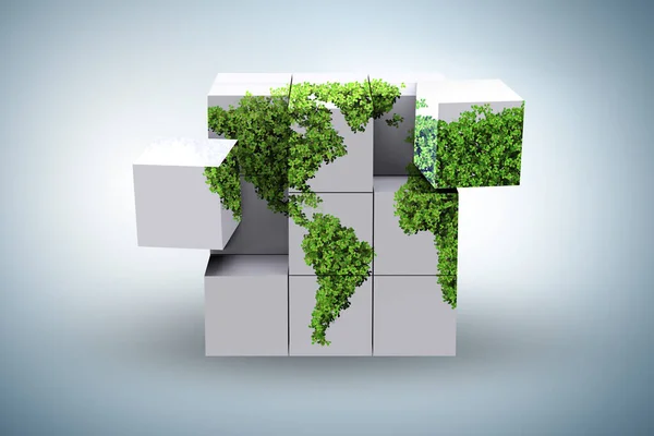 Mapa do mundo no cubo no conceito de ambiente verde - 3d renderin — Fotografia de Stock