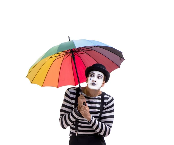 Mime mit Regenschirm isoliert auf weißem Hintergrund — Stockfoto