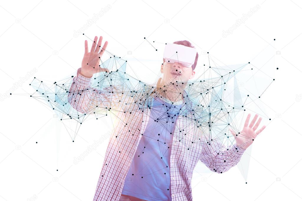 Man in neural network concept with VR glasses