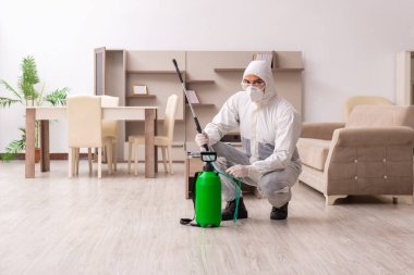 Genç erkek müteahhit evde haşere kontrolü yapıyor.