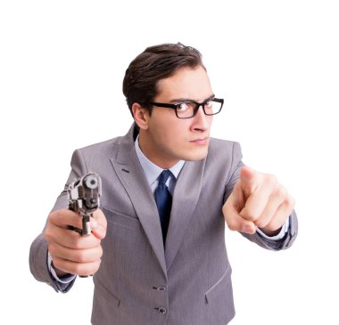 Tabancalı iş adamı beyaz arka planda izole edilmiş.