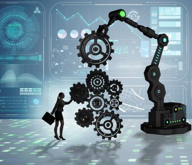 Çarklı ve robotik kollu iş adamları