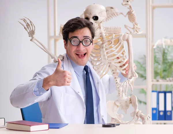 Profesor loco estudiando esqueleto humano — Foto de Stock