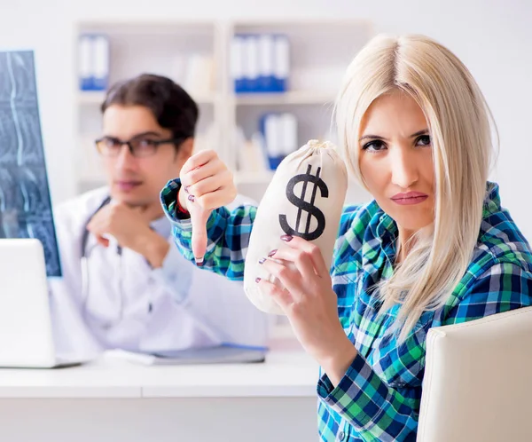 Concept of expensive healthcare with woman visiting male doctor — Stock Photo, Image