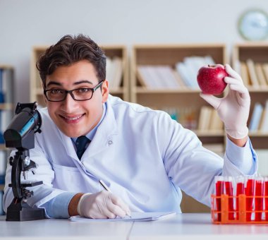 Bilim adamı organik meyve ve sebzeler üzerinde çalışıyor.