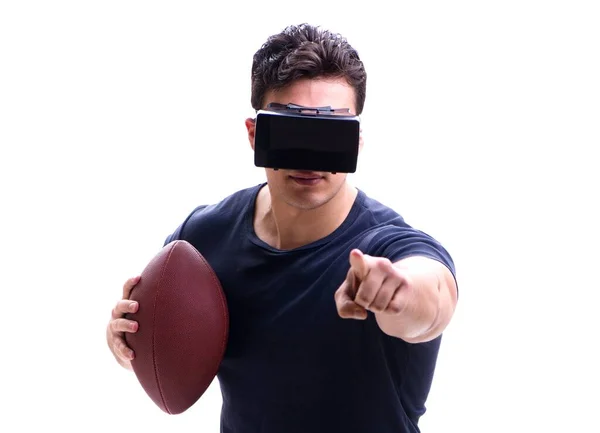 Homem brincando com óculos de realidade virtual no fundo branco — Fotografia de Stock