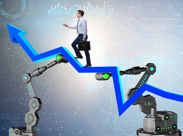 Businessman walking up the chart supported by robotic arm — Stock Photo, Image