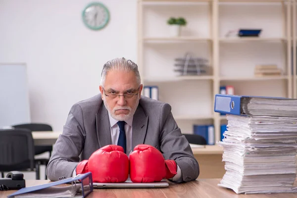 Alter Geschäftsmann mit Boxhandschuhen am Arbeitsplatz — Stockfoto