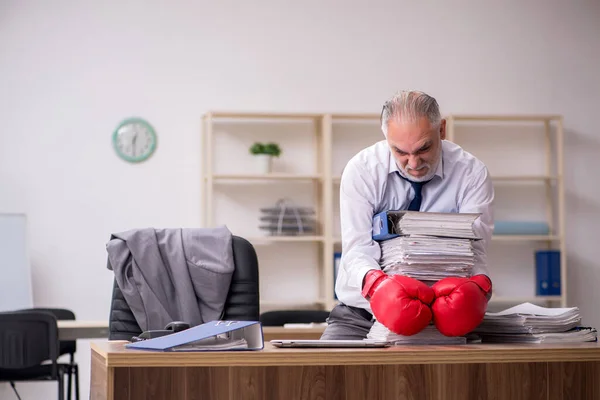 Old businessman employee wearing boxing gloves at workplace — Stock Photo, Image