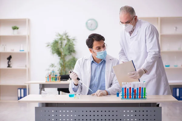 Dois químicos do sexo masculino trabalhando no laboratório durante a pandemia — Fotografia de Stock