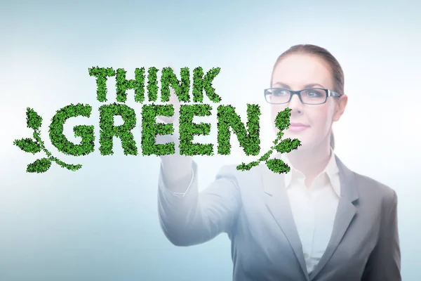 Denk groen ecologisch concept met zakenvrouw — Stockfoto
