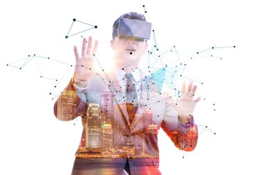 VR gözlüklü sinirsel ağ konsepti olan adam