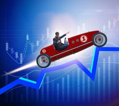 İş adamı spor arabayı çizelgelere karşı sürüyor.