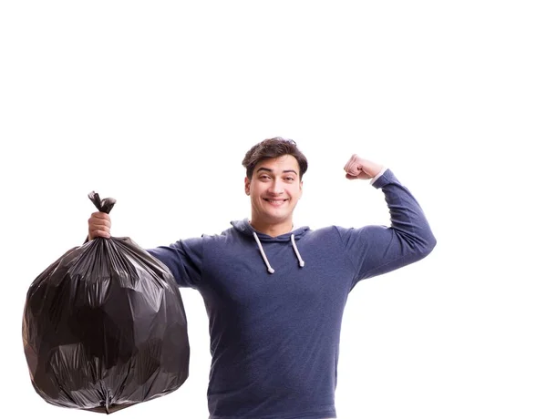 Hombre con saco de basura aislado en blanco —  Fotos de Stock