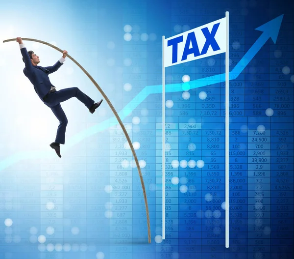 Businessman jumping over tax in tax evasion avoidance concept