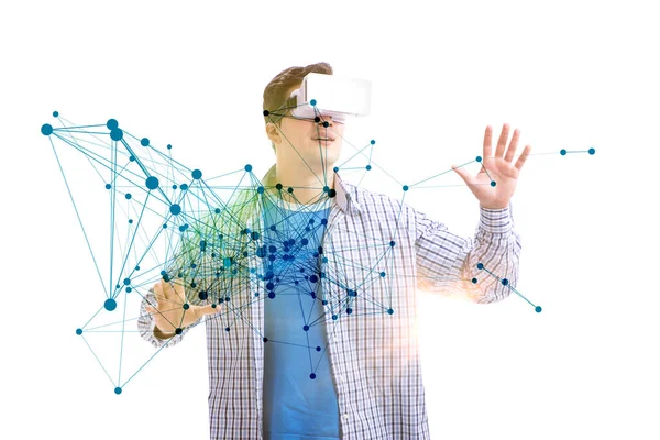 Man in neural network concept with VR glasses