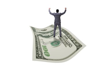 İş adamı 100 dolarlık banknotla uçuyor.