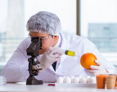 Besin uzmanı gıda ürünlerini laboratuarda test ediyor.