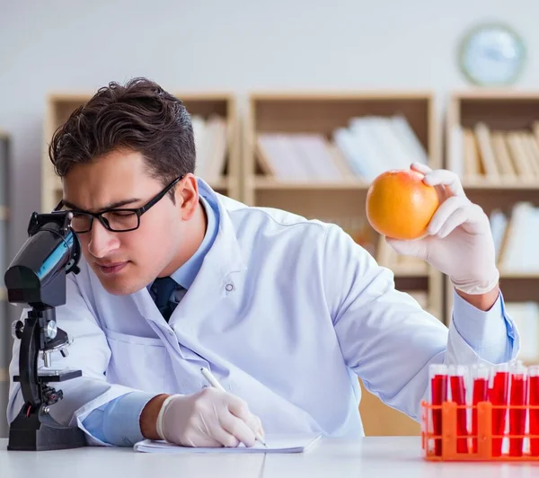 Científico trabajando en frutas y verduras orgánicas —  Fotos de Stock