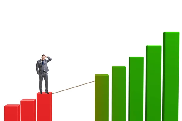Empresário andando em corda apertada entre gráfico de barras — Fotografia de Stock