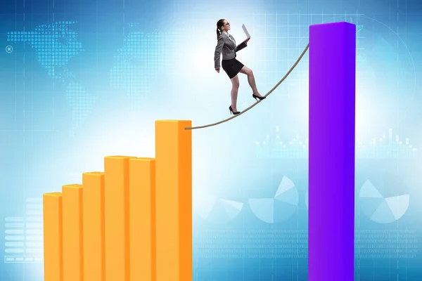 Affärskvinna går på tight rep mellan stapeldiagram — Stockfoto