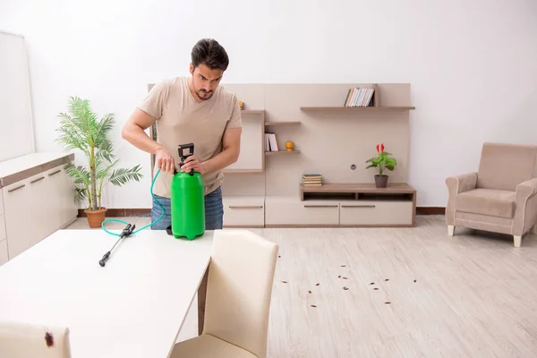 Young man exterminating cockroaches at home — Stok fotoğraf