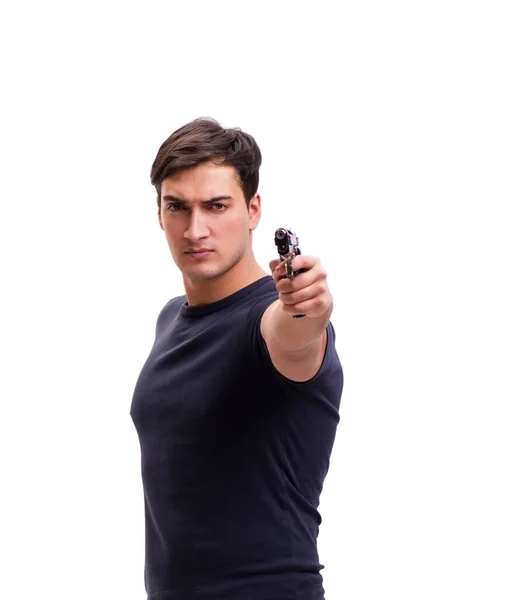 Aggressive young man with gun isolated on white — Stock Photo, Image