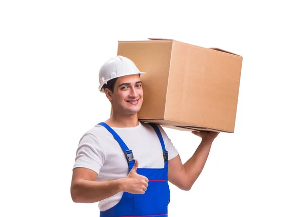 Caja de entrega de hombre aislada en blanco — Foto de Stock