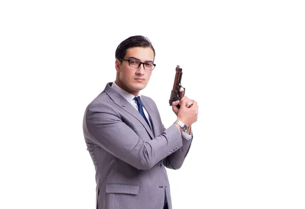 Aggressiva business manager med pistol isolerad på vit — Stockfoto