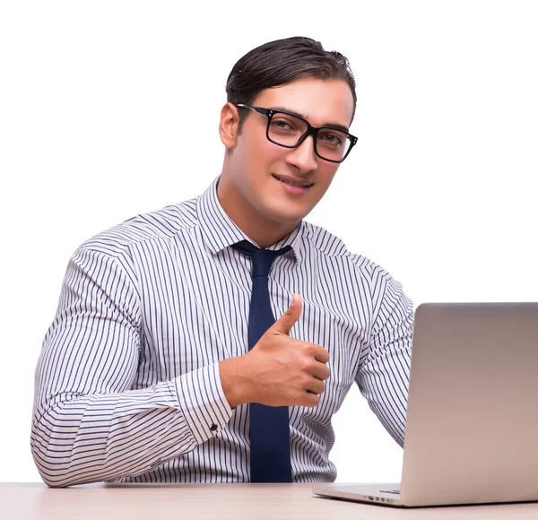 Homme avec ordinateur portable isolé sur blanc — Photo