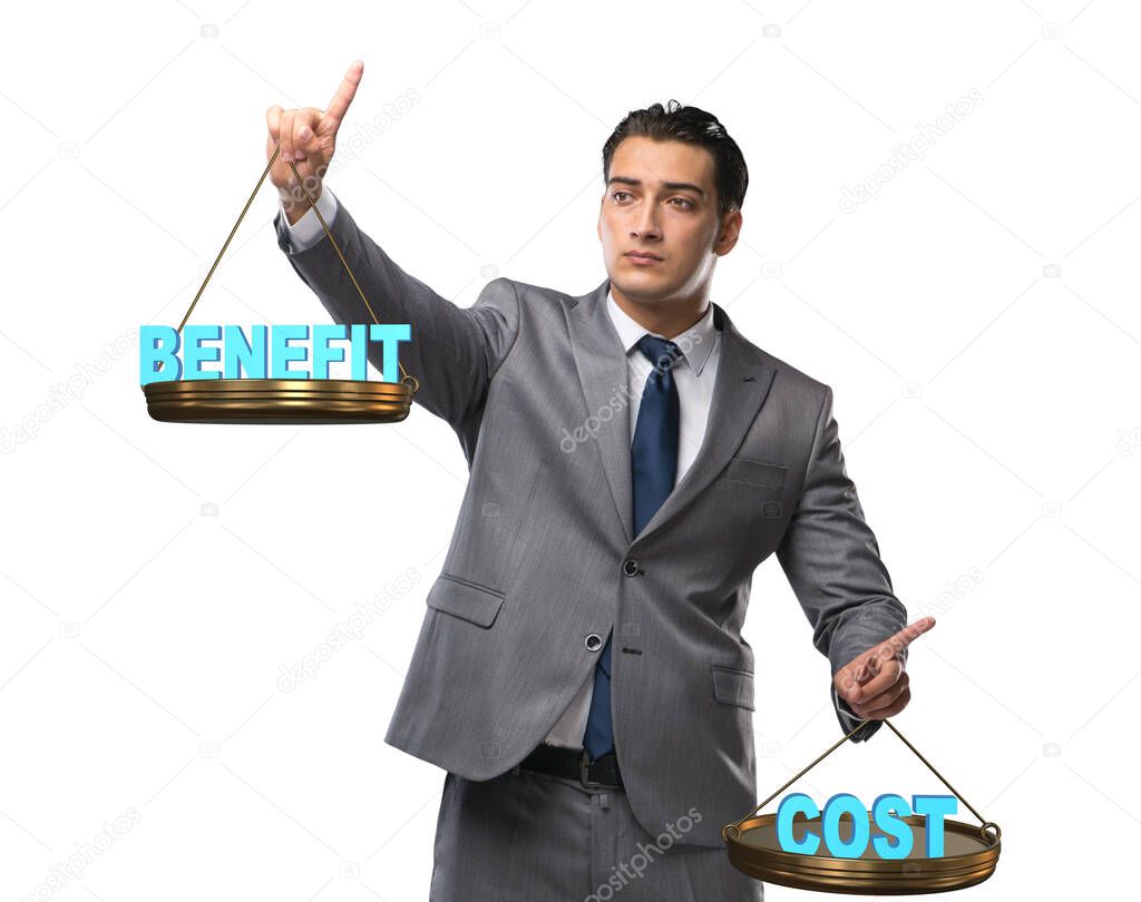 Businessman in cost benefit balance concept