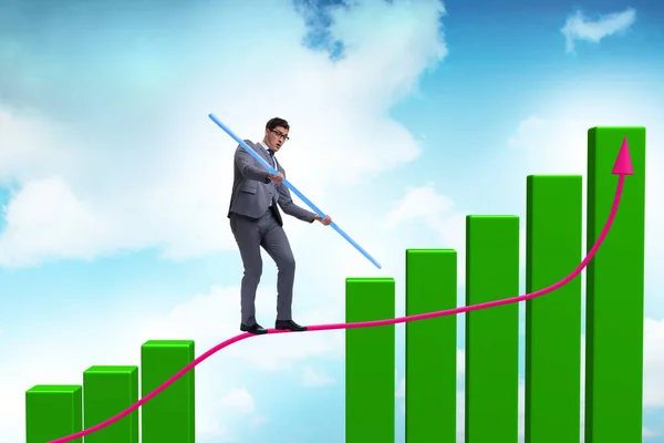 Zakenman loopt op strak touw tussen staafdiagram — Stockfoto