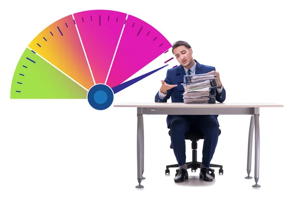 Uomo d'affari con contatore che misura il suo livello di stress — Foto Stock