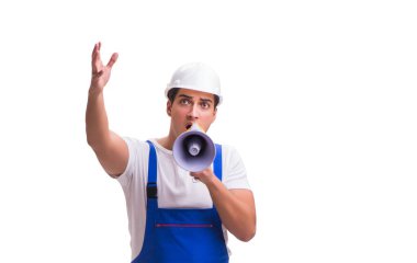 adam beyaz izole megafon ile