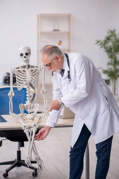 Oude mannelijke dokter die menselijk skelet demonstreert — Stockfoto