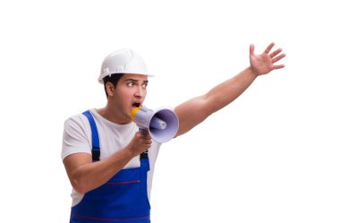 adam beyaz izole megafon ile