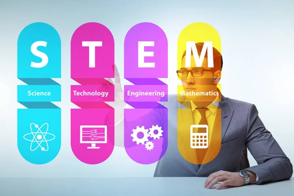 STEP 교육 개념에서 가상 버튼을 누르는 사업가 — 스톡 사진