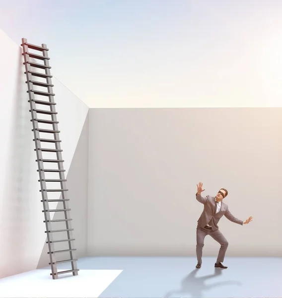 Homme d'affaires grimpant une échelle pour échapper à des problèmes — Photo